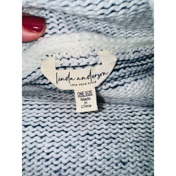 Linda Anderson Striped Cowl Neck Blue White Poncho Fringe One Size Sweater boho - Picture 5 of 10